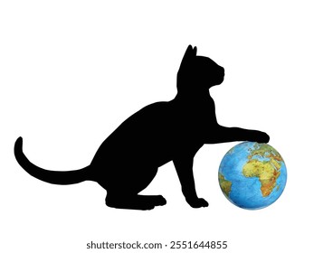 The silhouette of cat playing with globe.