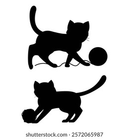 Silhouette of a Cat Playing with a Woolen Knitted Ball