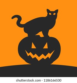 Silhouette of cat and pumpkin. Vector halloween illustration.