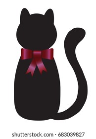 Silhouette of a cat with a red bow isolated on a white background, vector illustration