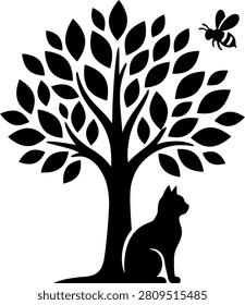 Silhouette of a cat sitting beneath a large tree with bee