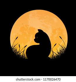 Silhouette of cat sitting in grass field with full moon background, vector illustration