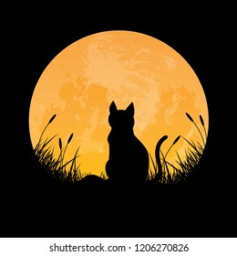 Silhouette of cat sitting in grass field with full moon background, vector illustration