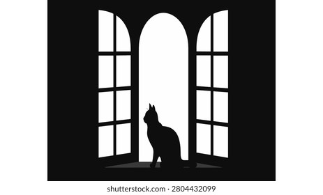 Silhouette of a cat sitting in a window looking up at the light