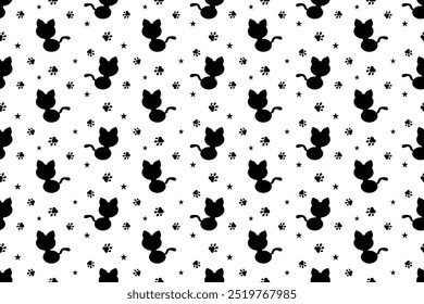 Silhouette Katze und Stern mit Pfotenmuster Hintergrund. Bildschirmhintergrund. Vektorgrafik