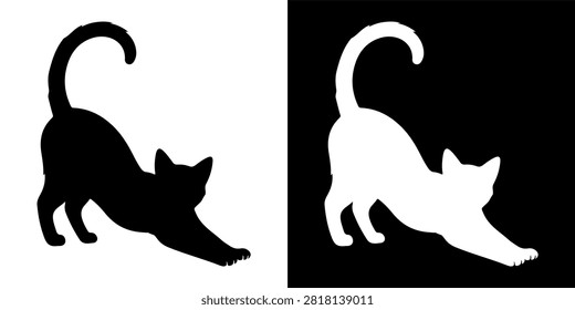 A silhouette of a cat stretching on the floor, showcasing flexibility and playful behavior in a minimalistic style.