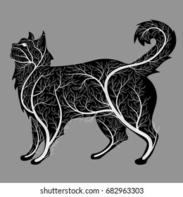  Silhouette of a cat, stylized by bushes.Series of farm animals. Graphics, hand drawing. Sketch. Decorative ornate for T-shirt emblem, logo or tattoo. Zen art, isolated design element