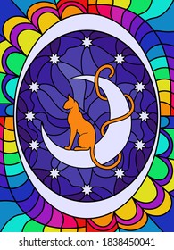 Silhouette of a cat with a tail wrapping the moon, bright multicolor stained-glass window for a children's room