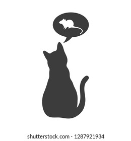 silhouette cat with thoughts about the mouse on a white background