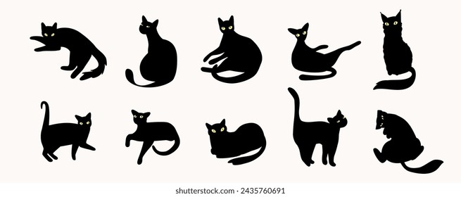 Silhouette cat vector illustration set. Simple group of shapes of hand drawn pets. Poses of russian blue, british shorthair, bengal, siamese, sphynx and burmese. Friendly cute illustration. 