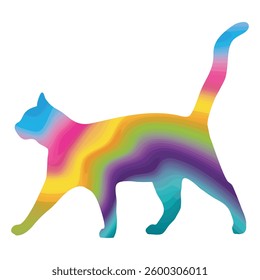 Silhouette of a cat walking with tail upright in bright rainbow colors. Colorful cat icon isolated on a white background.