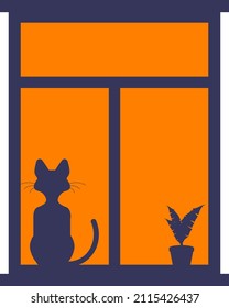 Silhouette of a cat in the window. Vector illustration.