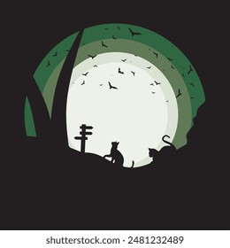 Silhouette of Cats and Bats with Full Moon Background