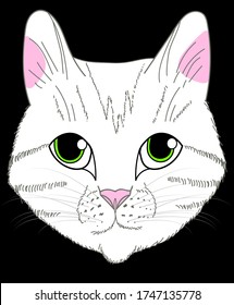 The silhouette of the cat's face. The picture is drawn in black lines on a white background. A quick sketch of a cat.