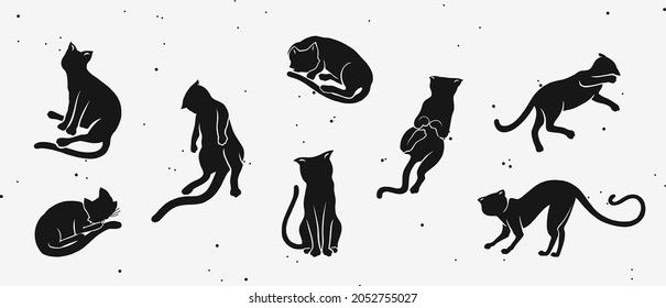 Silhouette of the cats. Funny doodle kitties in different poses for logo, print or decorative sticker.