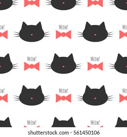 Silhouette of cat's head, bow and text Meow! Cute seamless pattern. 