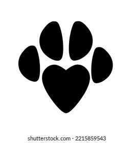 Silhouette of a cat's paw with a black heart symbol on the paw. Isolated on a white background. Great for pet logos
