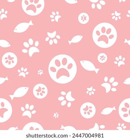 Silhouette cats paws and fish texture with footprints. Cat paw seamless pattern. hand drawn with footprint,  ,cute animal foot trails on pastel pink   background. Vector flat seamless pattern design.