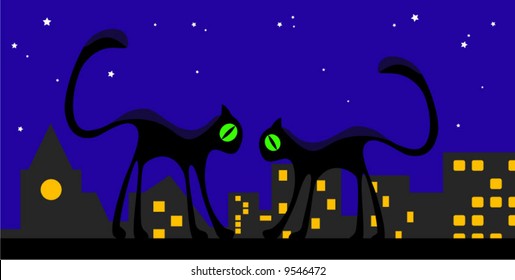 silhouette of cats and town