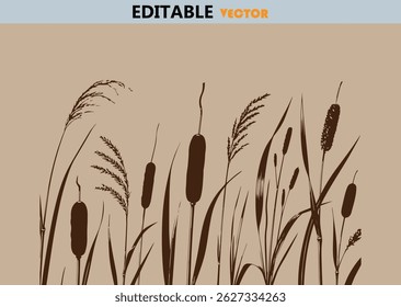 Silhouette of cattails and grasses on beige background.