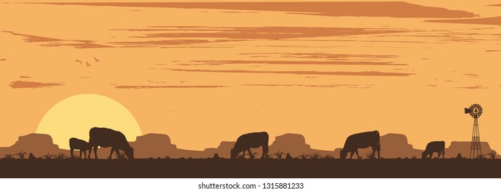 Silhouette of cattle in countryside, Vector