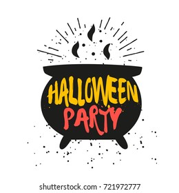 Silhouette of cauldron with lettering text Halloween Party. Vector color sticker.