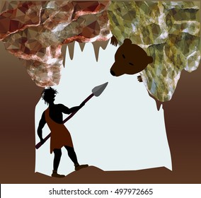 Silhouette of caveman fighting with a bear. Man with spear in a cave of crystals and stalactites. Fight with a cave bear