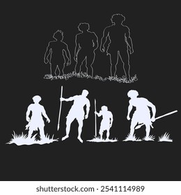 Silhouette Caveman Tribal Men Pack Vector	