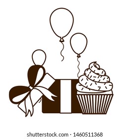 silhouette of celebration with gift box and cake