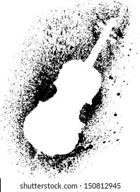 Silhouette of cello with grunge black splashes.