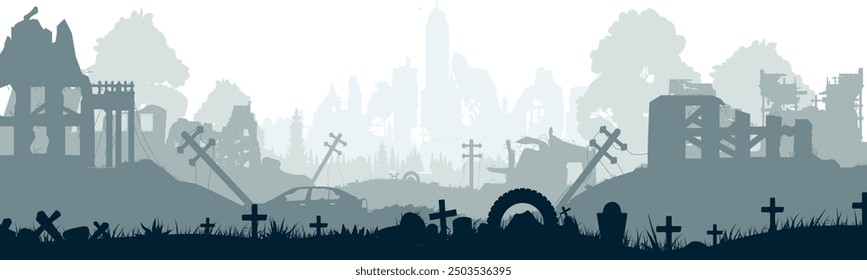 Silhouette of a cemetery against the background of a destroyed city. Vector