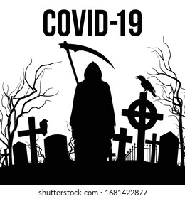 Silhouette of the Cemetery and Angel of Death with a Scythe on the White Background. Apocalypse and Hell Concept Design Coronavirus Epidemic COVID-19. Deadly SARS-CoV-2 Spread in Europe and World