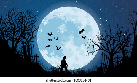 Silhouette of the Cemetery at a full moon. Halloween holiday. Horror. Vector. EPS10