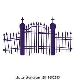 Silhouette of a cemetery gate. Traditional Halloween symbol and decorative element. Vector cartoon isolated illustration.