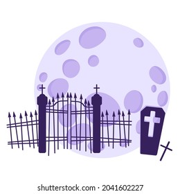 Silhouette of a cemetery and graves against the background of a full moon. Traditional Halloween symbol and decorative element. Vector cartoon isolated illustration.
