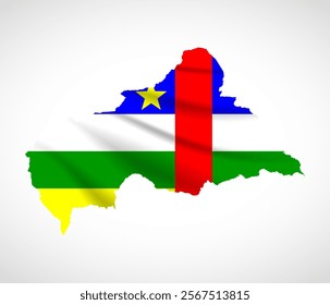 Silhouette of Central African Republic map filled with the national flag design, symbolizing pride, cultural heritage, and geographic identity.  
