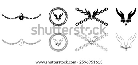 Silhouette of chain vector. Chain icon set. Chain icon vector isolated. Handcuffs, manacles or shackles icon. Chained, handcuffed, chain with lock. Vector illustration.