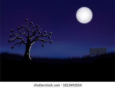 Silhouette of chair and tree with full moon on sky, vector illustration.