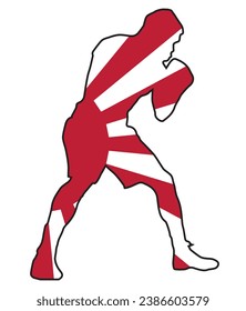 Silhouette of a champion boxer in outline set over the Japan Japanese national flag