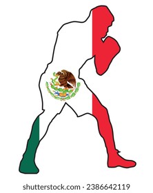 Silhouette of a champion boxer in outline set over the Mexico Mexican national flag