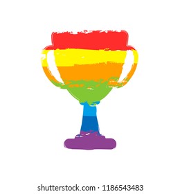 Silhouette of champions cup. Simple icon. Drawing sign with LGBT style, seven colors of rainbow (red, orange, yellow, green, blue, indigo, violet