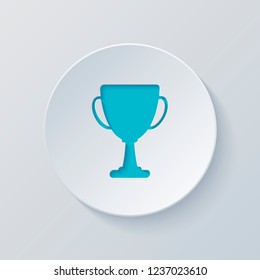 Silhouette of champions cup. Simple icon. Cut circle with gray and blue layers. Paper style