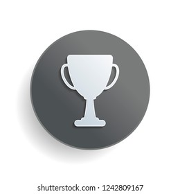 Silhouette of champions cup. Simple icon. White paper symbol on gray round button or badge with shadow