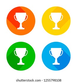 Silhouette of champions cup. Simple icon. Flat white icon on colored circles background. Four different long shadows in each corners