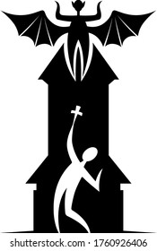 Silhouette Character Contour Flat Minimal Cartoon Humor Satire  Stickman Illustration Priest With A Crucifix On The Background Of The Chapel, A Vampire With Spread Wings On The Roof Of The Church