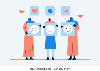 Silhouette characters holding up feedback boards with different facial expressions for customer satisfaction survey