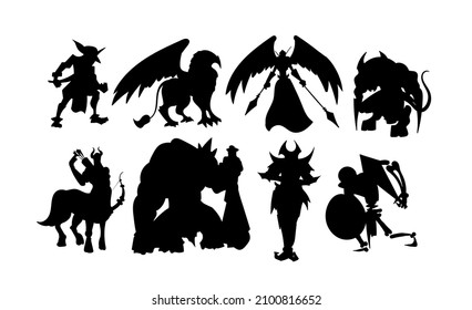 Silhouette Characters of online fantasy games: goblin,griffin,angel,archangel,demon,skeleton,cyclops,centaur,death knight