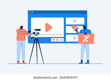 Silhouette characters shooting, editing, and launching promotional videos for online marketing