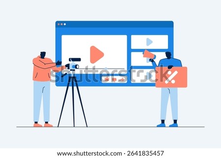 Silhouette characters shooting, editing, and launching promotional videos for online marketing