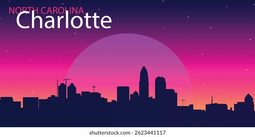  A silhouette of the Charlotte city skyline against a bright purple and pink sky with a large round moon in the style of a retro-futuristic or neon wipe, with stars scattered across the sky.

